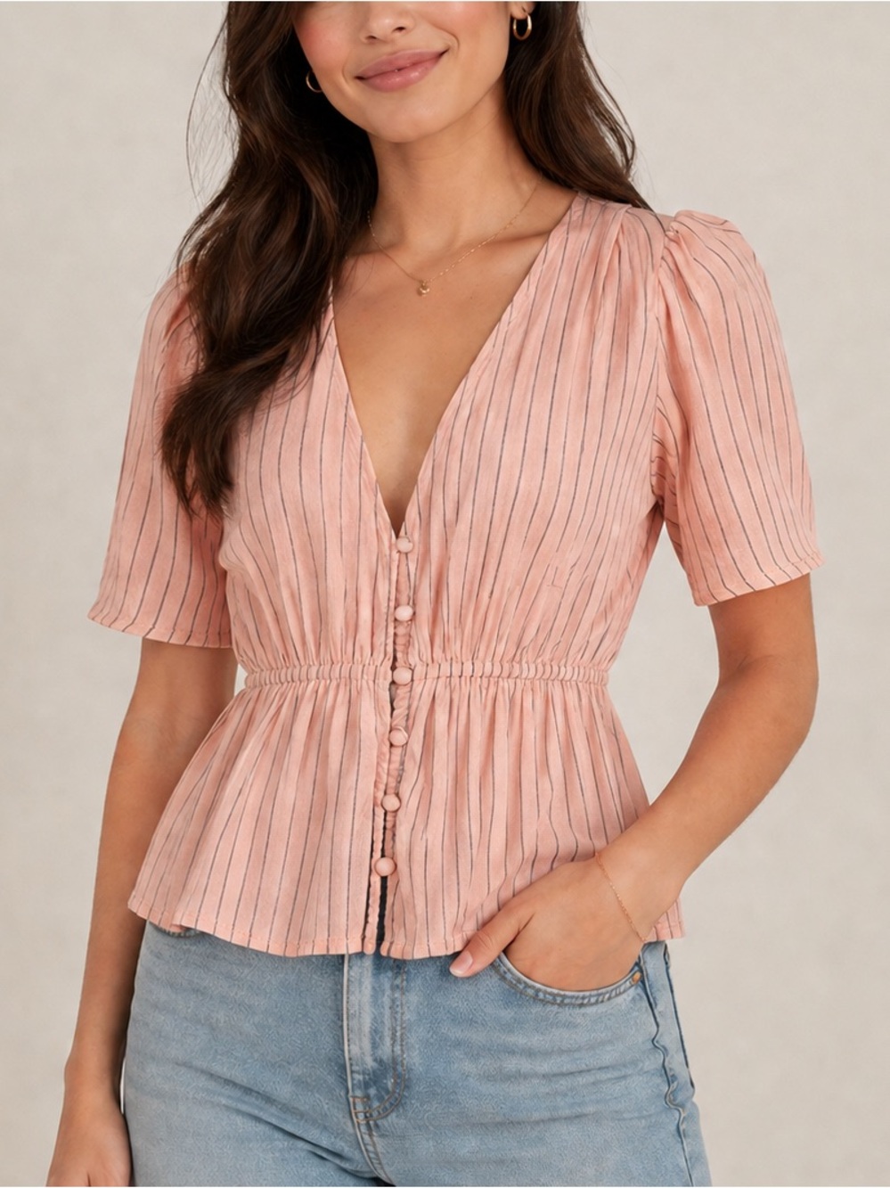 O’Neill Pink Striped Peplum Blouse Button Front Casual Boho Lightweight Top M
